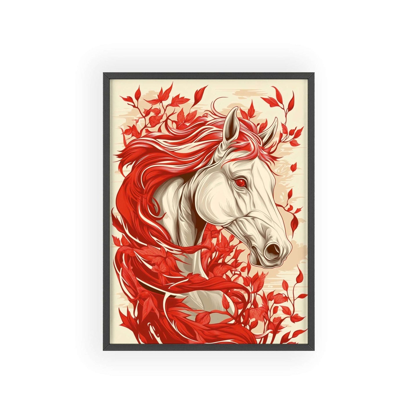 Framed poster featuring a stylized horse amidst red flowers