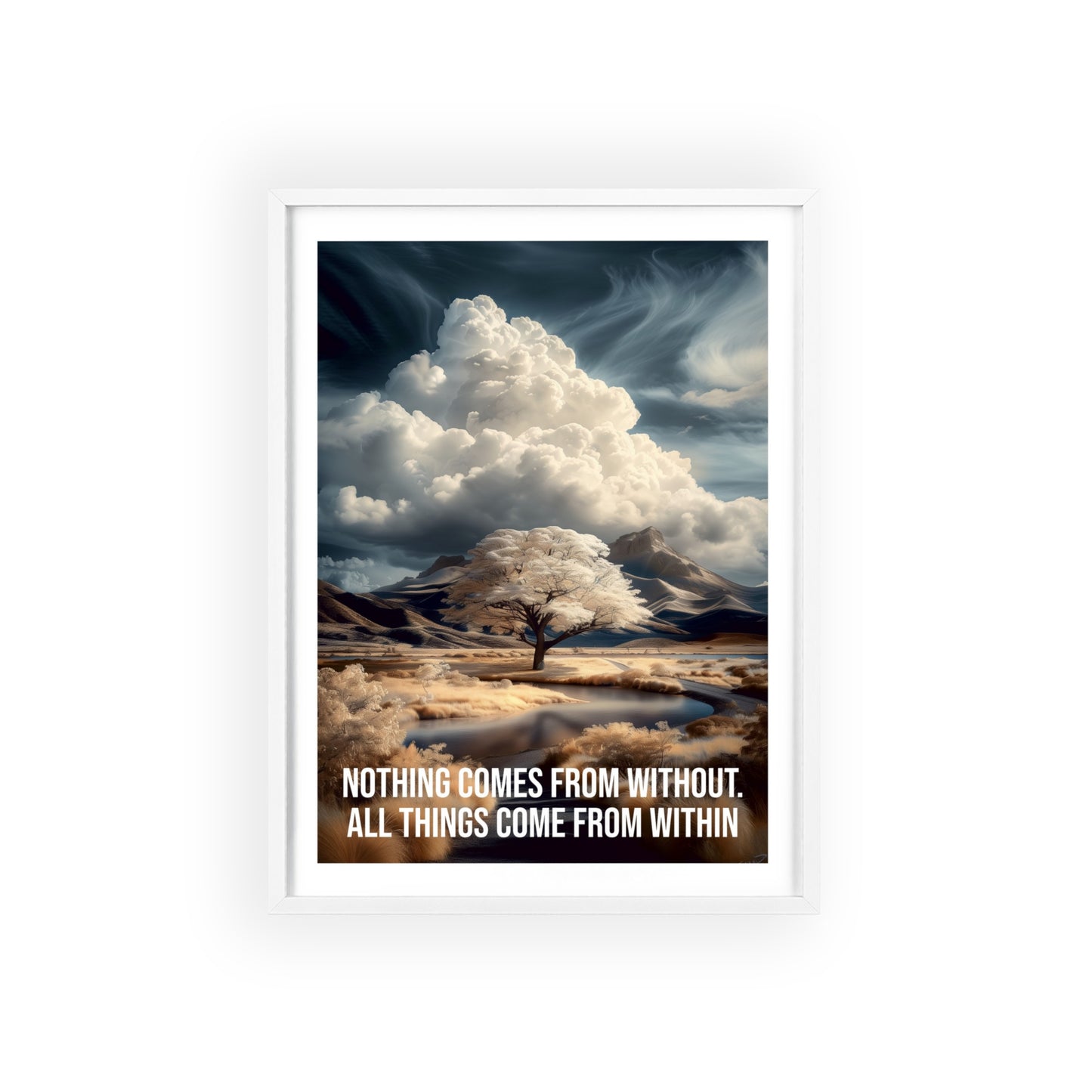 Surreal minimalist art print featuring a lone tree in a floodplain with mountain backdrop, and Neville Goddard quote "All things come from within"