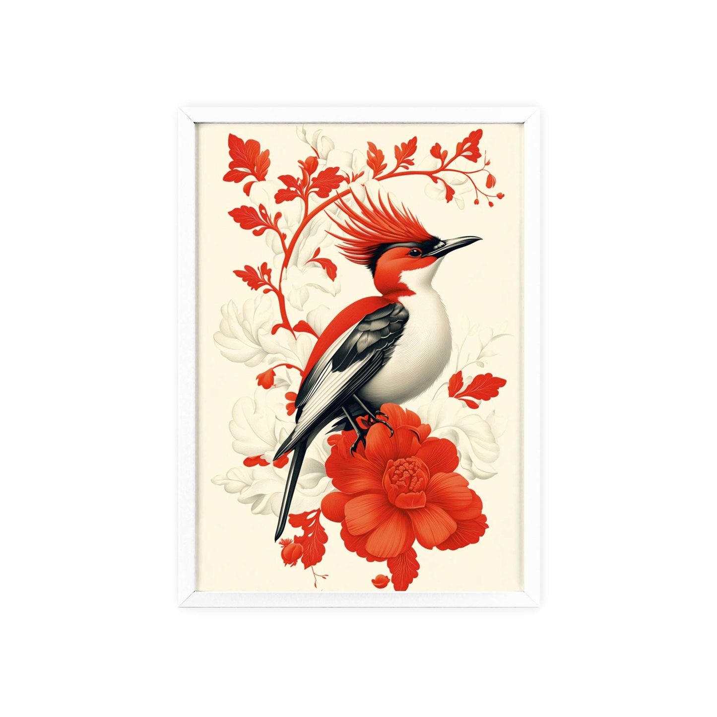 Framed poster featuring a stylized hoopoe surrounded by red flowers