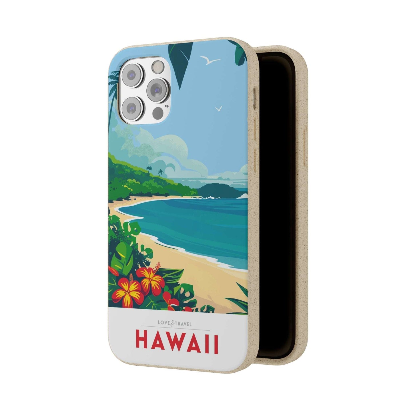 Vibrant biodegradable phone case featuring a colorful Hawaii-inspired travel poster design.