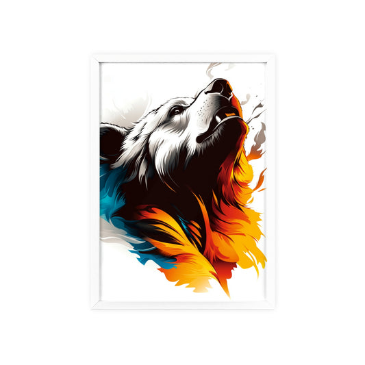 Colorful pop art-style poster of a bear with geometric shapes and vibrant hues from the Mystical Beasts Collection