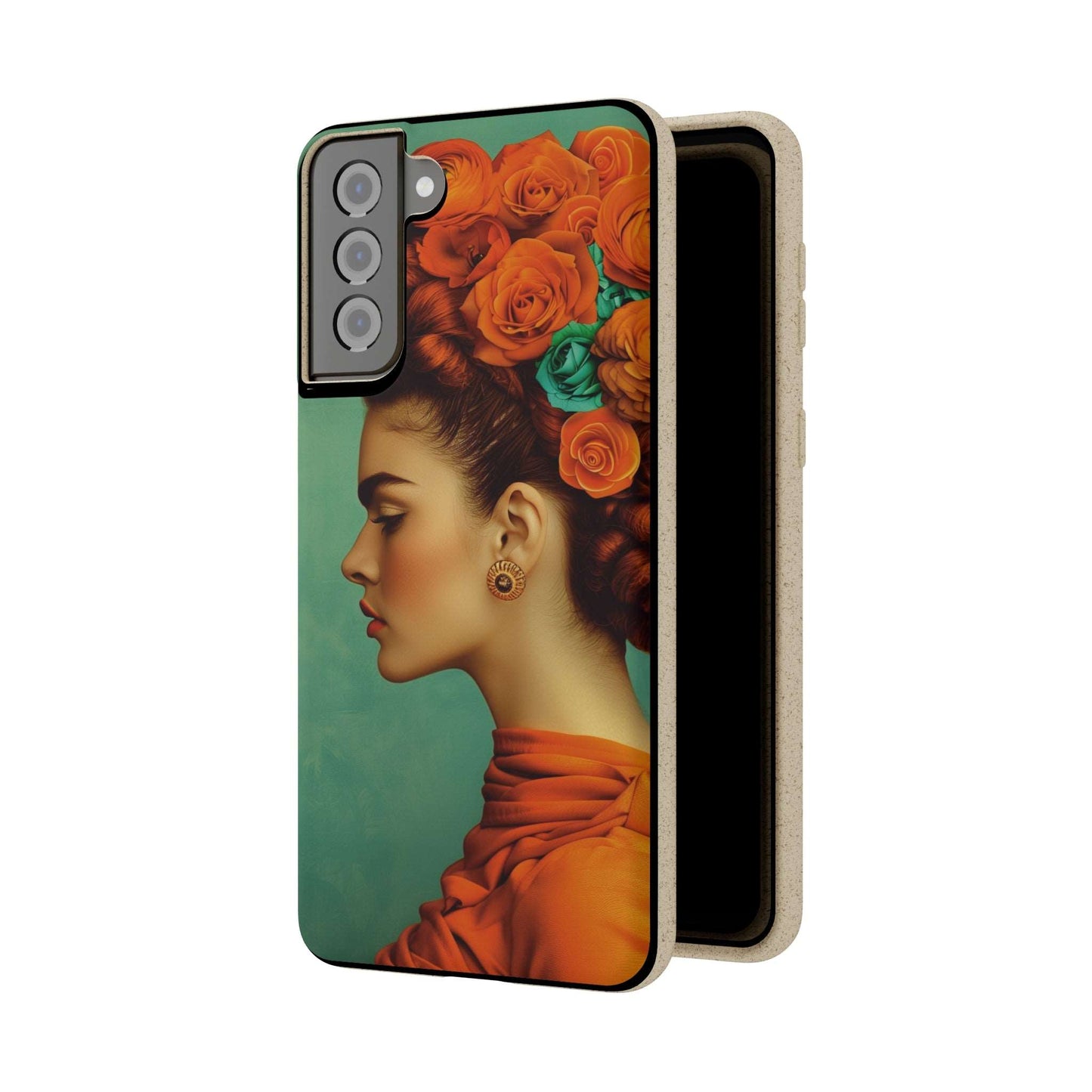 Vibrant orange biodegradable phone case featuring a stylized portrait of Frida Kahlo with aquamarine accents.