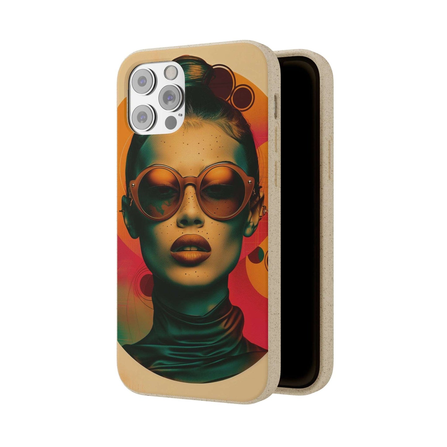 Biodegradable phone case featuring a Havana-inspired retro portrait in warm tropical hues, compatible with iPhone and Samsung models.