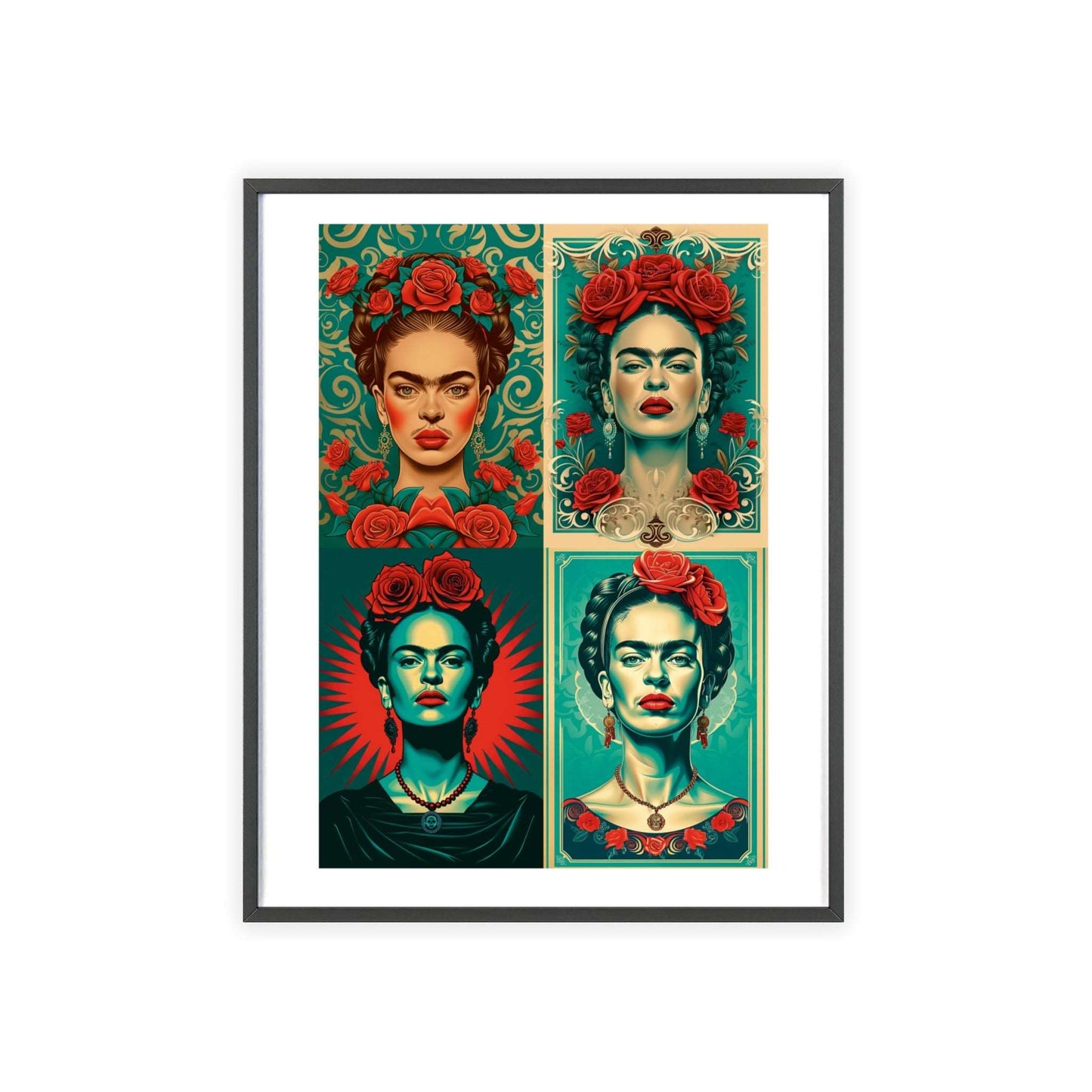 Framed poster featuring four separate Art Deco-inspired vector illustrations of Frida Kahlo. Each illustration uses a turquoise and red color palette and depicts Frida adorned with roses. The designs are detailed and flat, reminiscent of Dan Mumford's style.