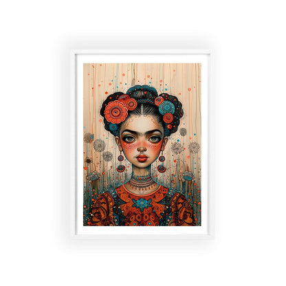 Framed poster titled "Frida in the Timeless Metaverse - Portrait". The poster depicts Frida Kahlo in a style reminiscent of Mab Graves and Klimt