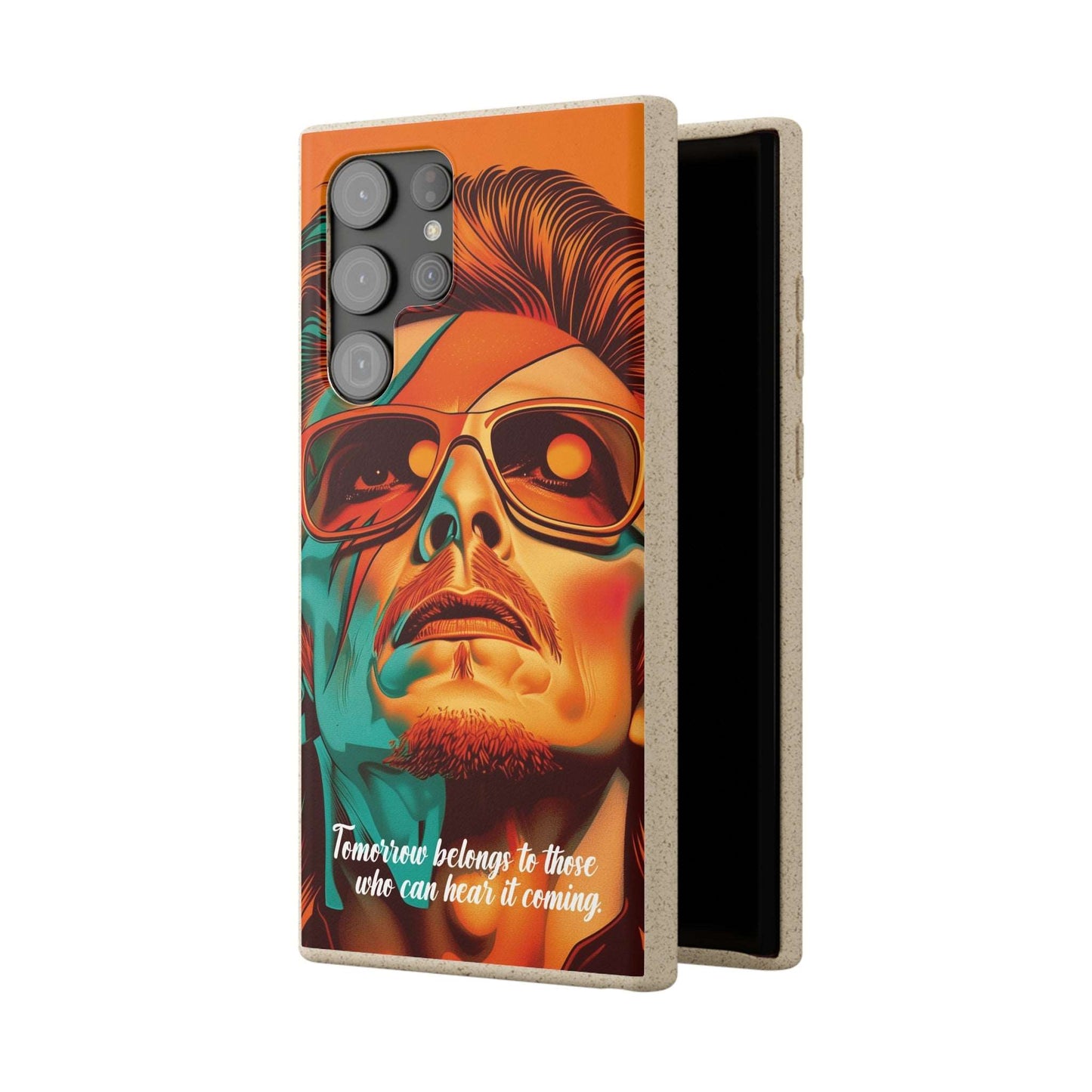 Colorful biodegradable phone case with David Bowie's quote "Tomorrow belongs to those who can hear it coming"