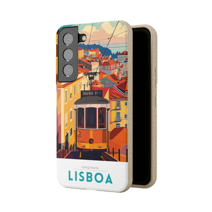 Colorful biodegradable phone case featuring a stylized travel poster design of Lisbon, Portugal.