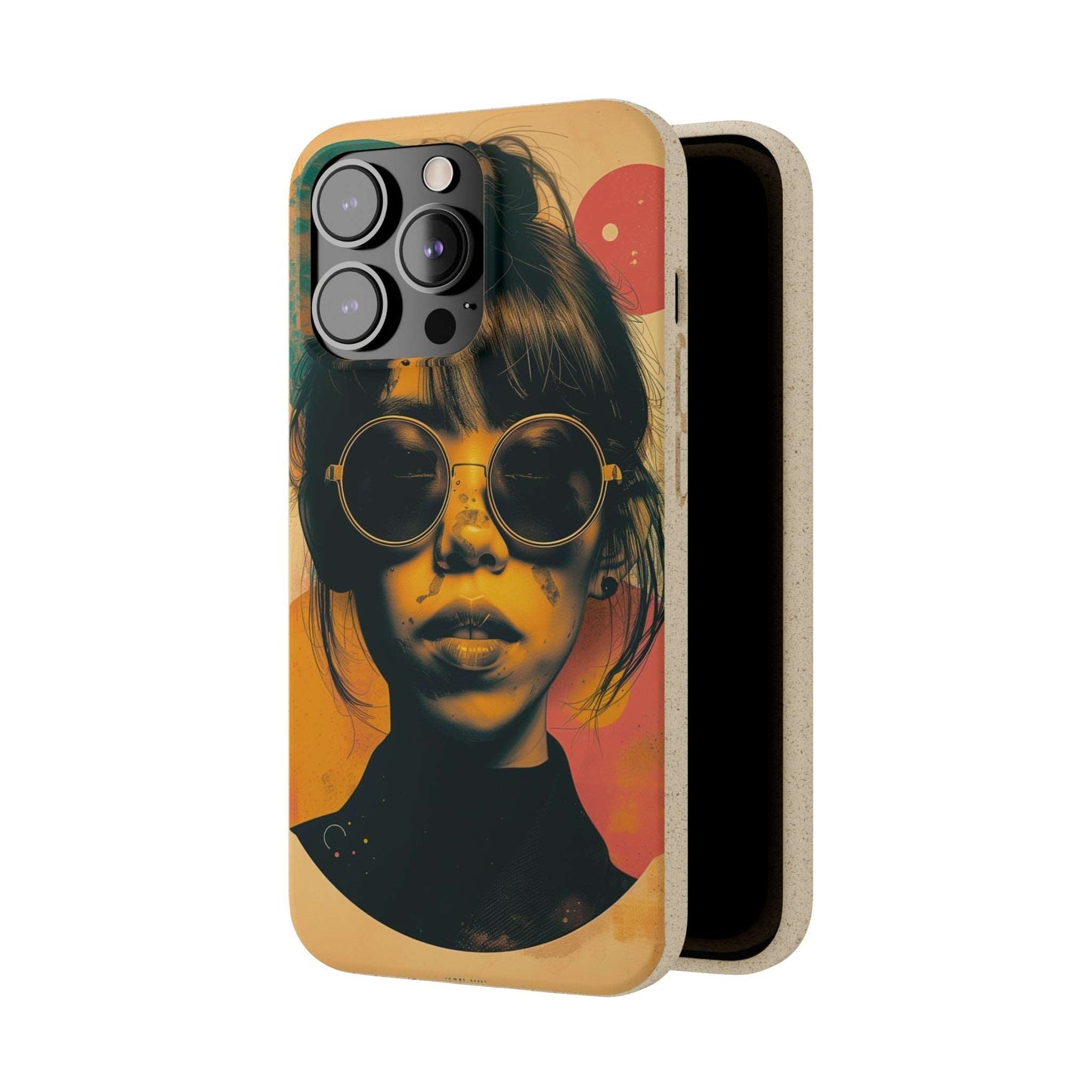 Tokyo-themed phone case featuring a retro portrait with neon colors, made from biodegradable materials, compatible with iPhone and Samsung.