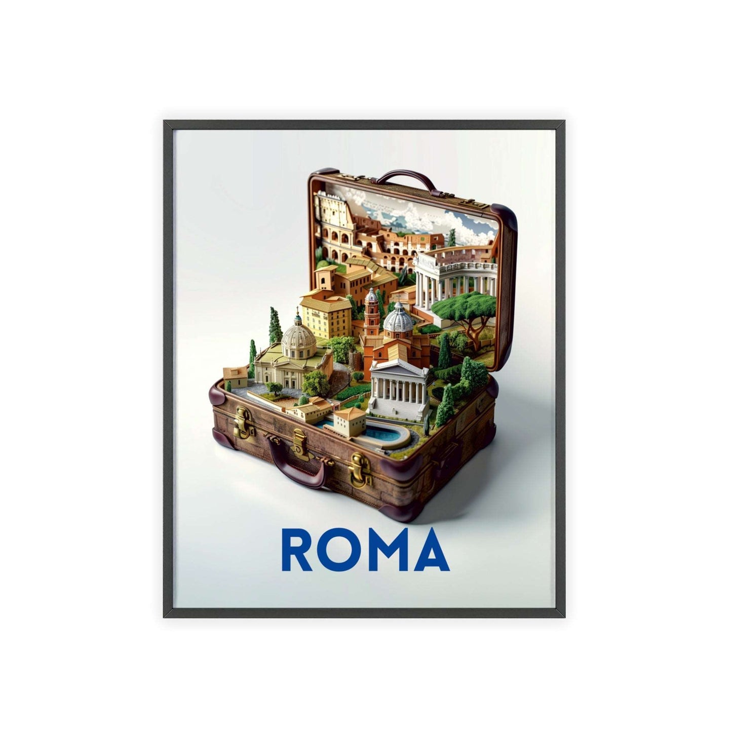 Beautiful Rome in a Suitcase travel poster featuring iconic landmarks, inspiring wanderlust and a love for timeless travel