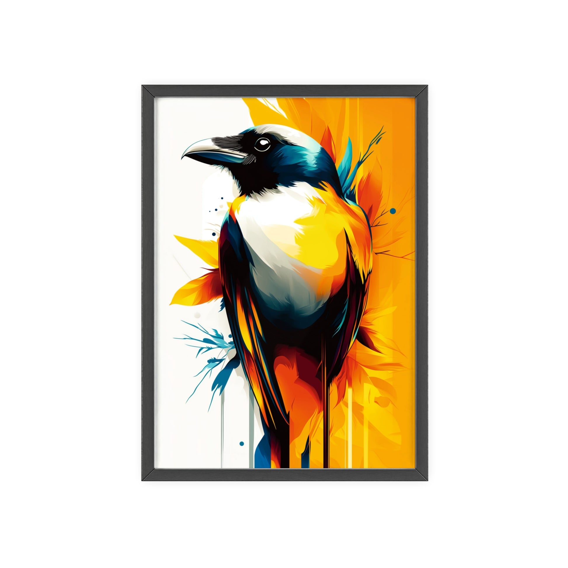 Striking digital illustration of a mystical crow with abstract shapes and vibrant colors, part of the Mystical Beasts Collection framed poster series.