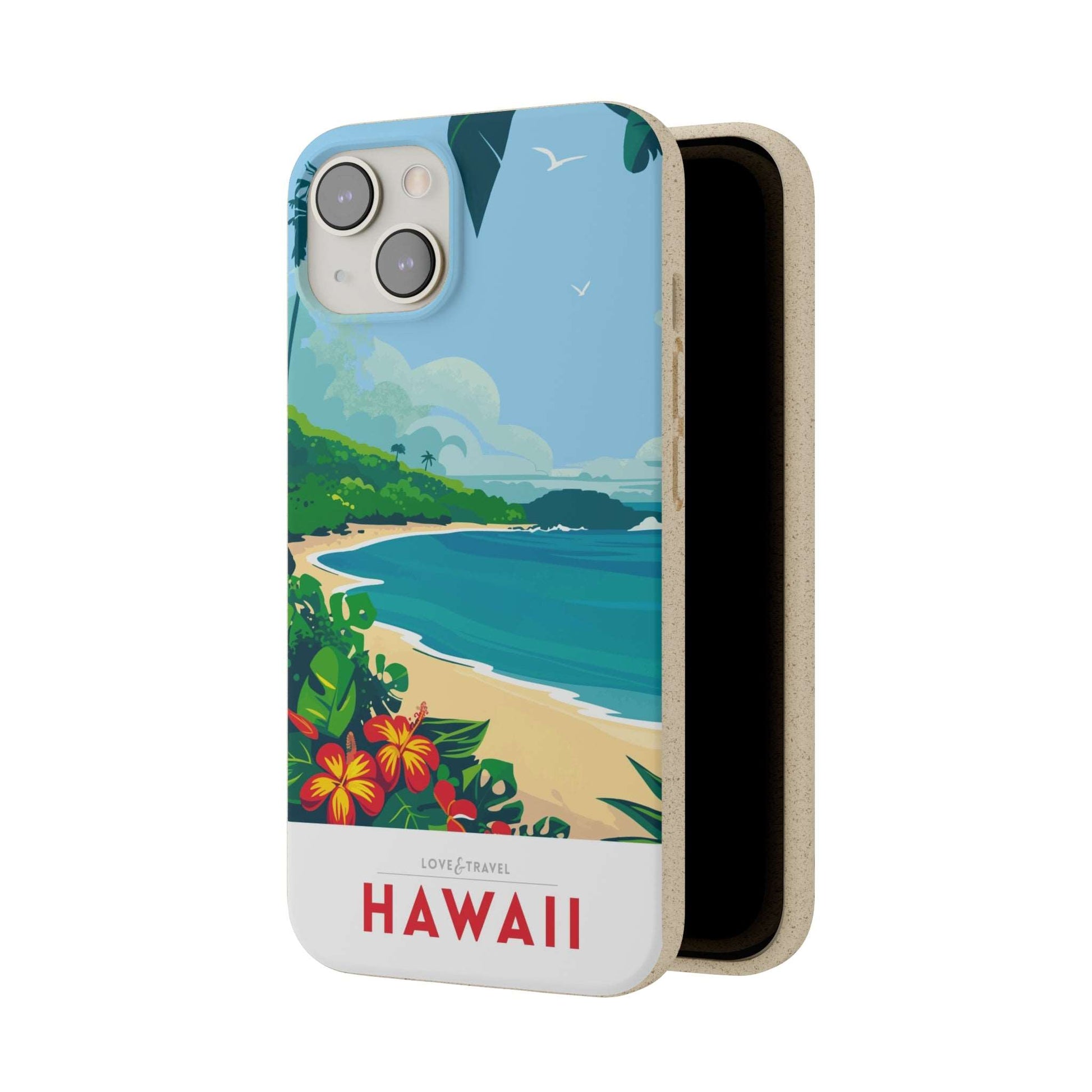 Vibrant biodegradable phone case featuring a colorful Hawaii-inspired travel poster design.