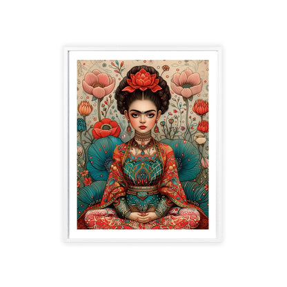 Framed poster featuring a young Frida Kahlo in a meditative pose. She is depicted in a modern vector design with a muted color palette.