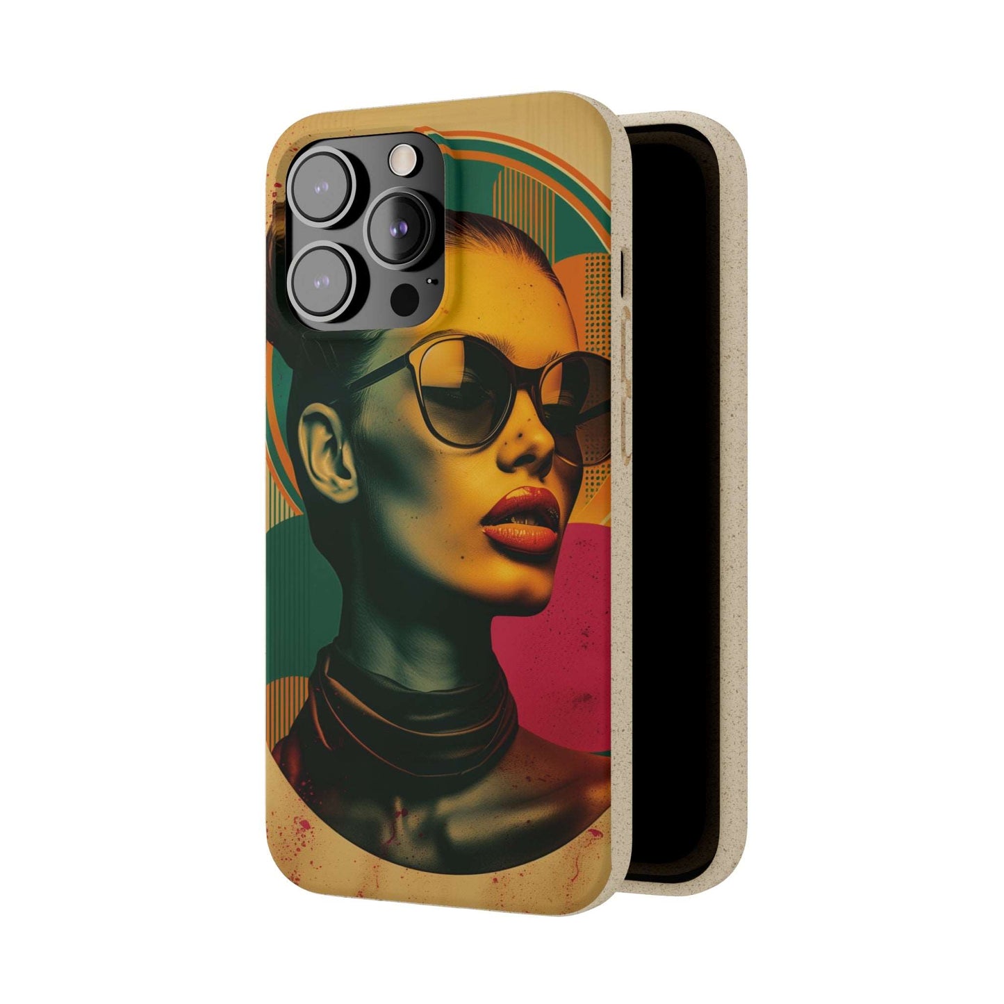 Rome-inspired biodegradable phone case with Mediterranean hues and a retro portrait, compatible with iPhone and Samsung models.