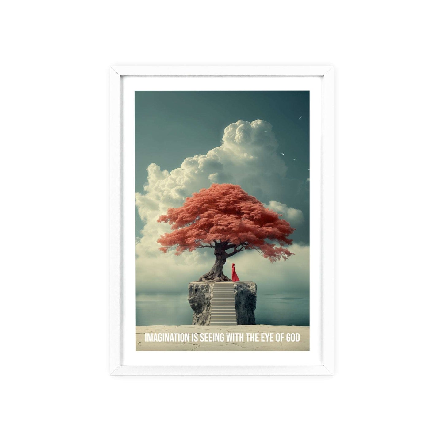 Surreal minimalist art print featuring a child looking at the horizon, with Neville Goddard quote "Imagination is seeing with the eye of God"