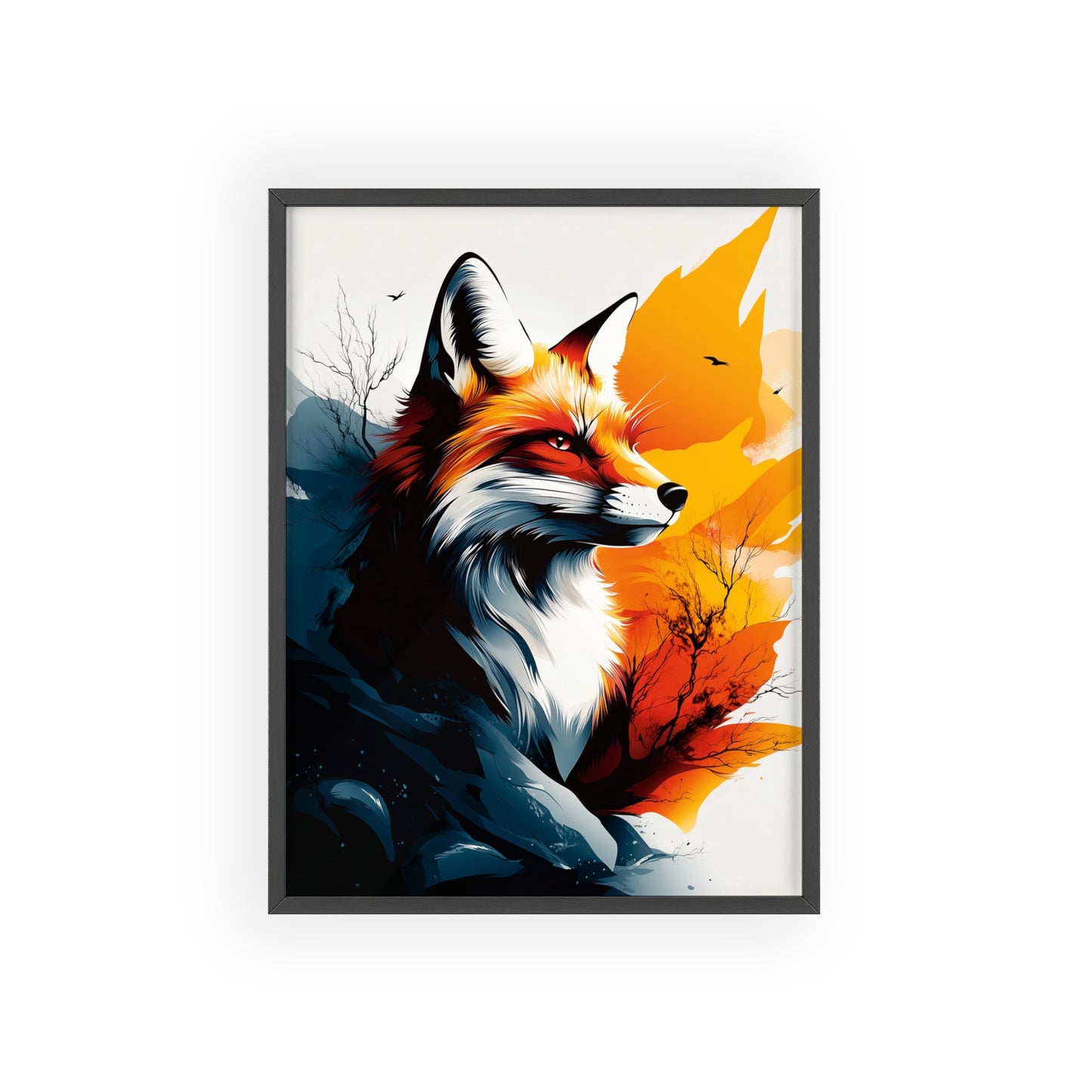 Vibrant digital illustration of a mystical fox featuring geometric shapes and bold colors, part of the Mystical Beasts Collection framed poster series.