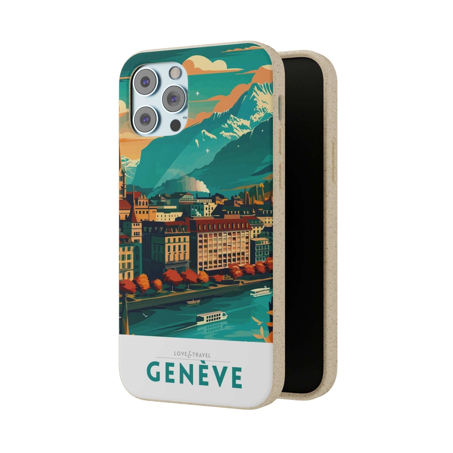 Colorful biodegradable phone case featuring a stylized travel poster design of Geneva, Switzerland.