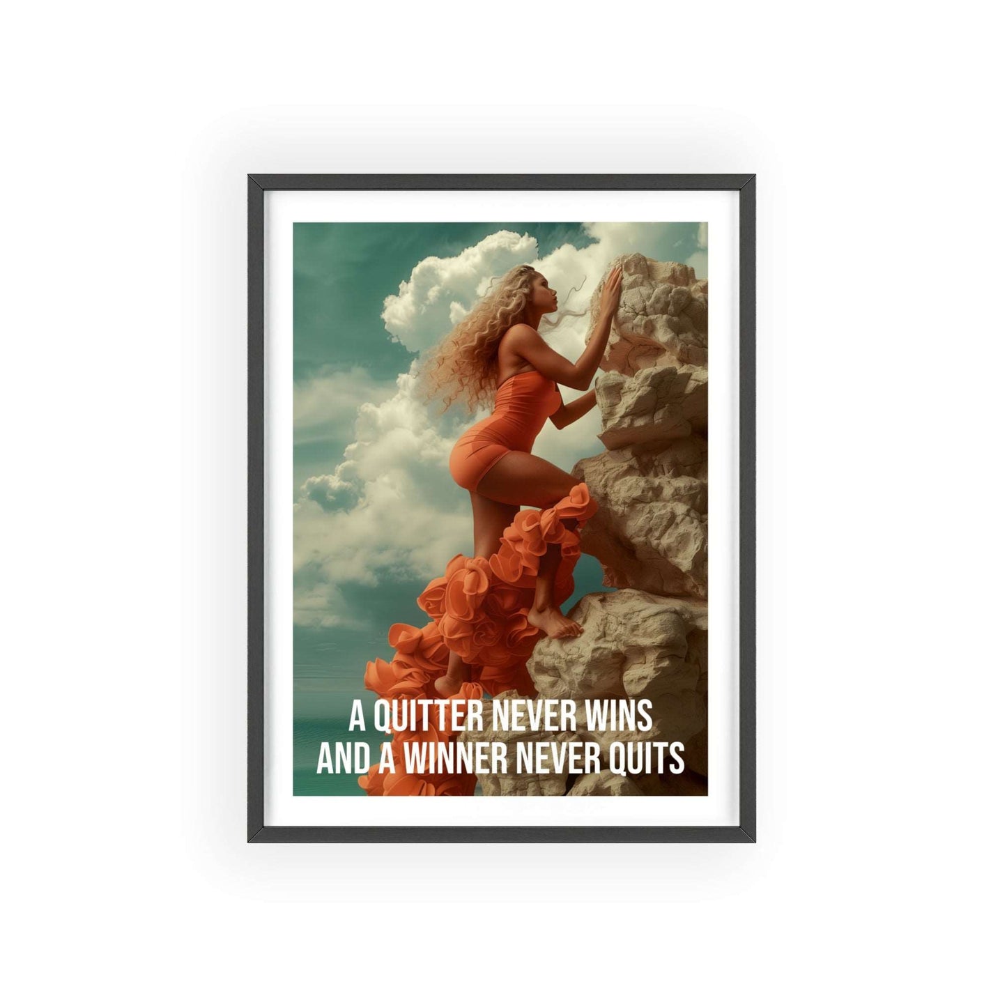 Woman scaling a rock face, gaze fixed on the summit, motivational quote "A Quitter Never Wins" by Napoleon Hill