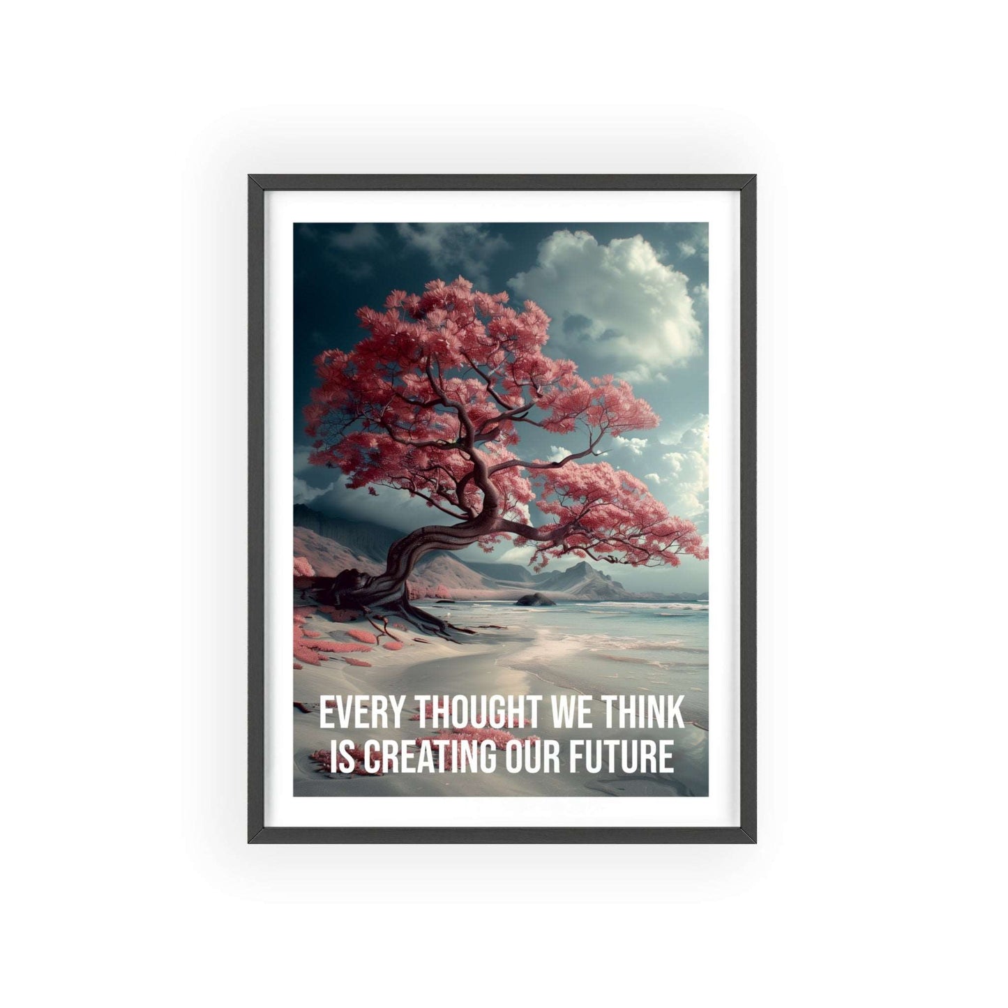 Surreal minimalist art print featuring a solitary tree on a lake shore, with Louise Hay quote "Every thought we think is creating our future"