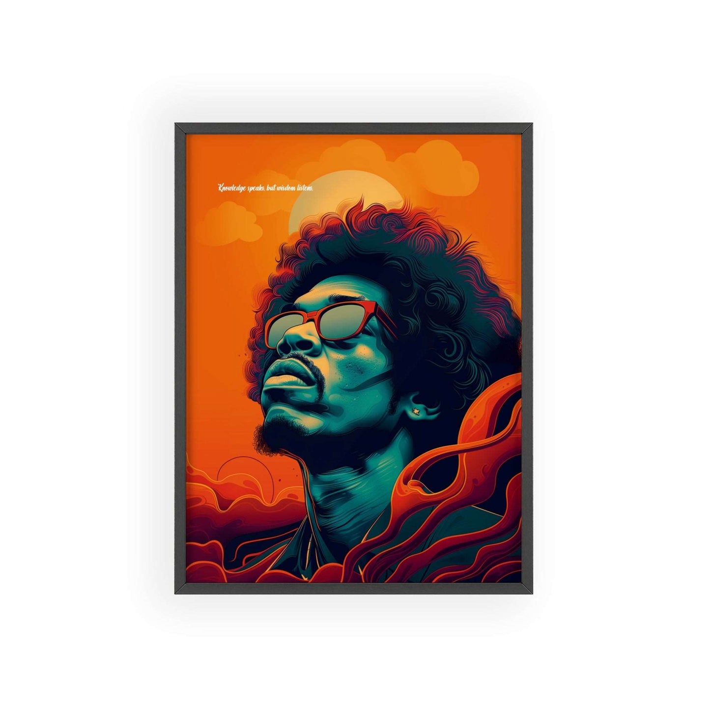 Original wall art with Jimi Hendrix's quote: 'The Knowledge speaks but Wisdom listens,' perfect for adding inspiration and style to your home decor.