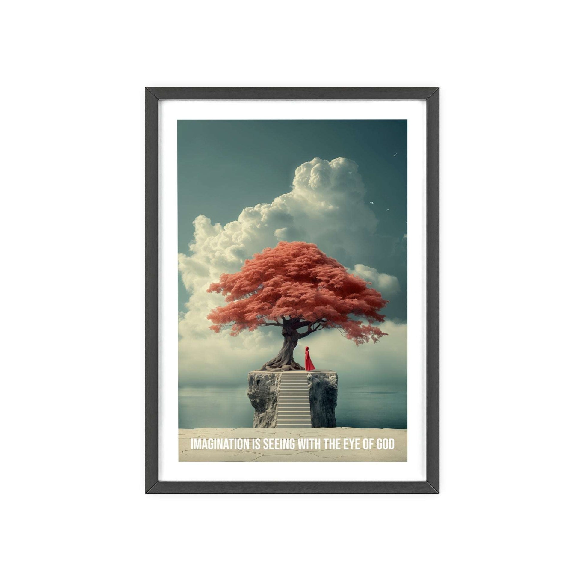 Surreal minimalist art print featuring a child looking at the horizon, with Neville Goddard quote "Imagination is seeing with the eye of God"