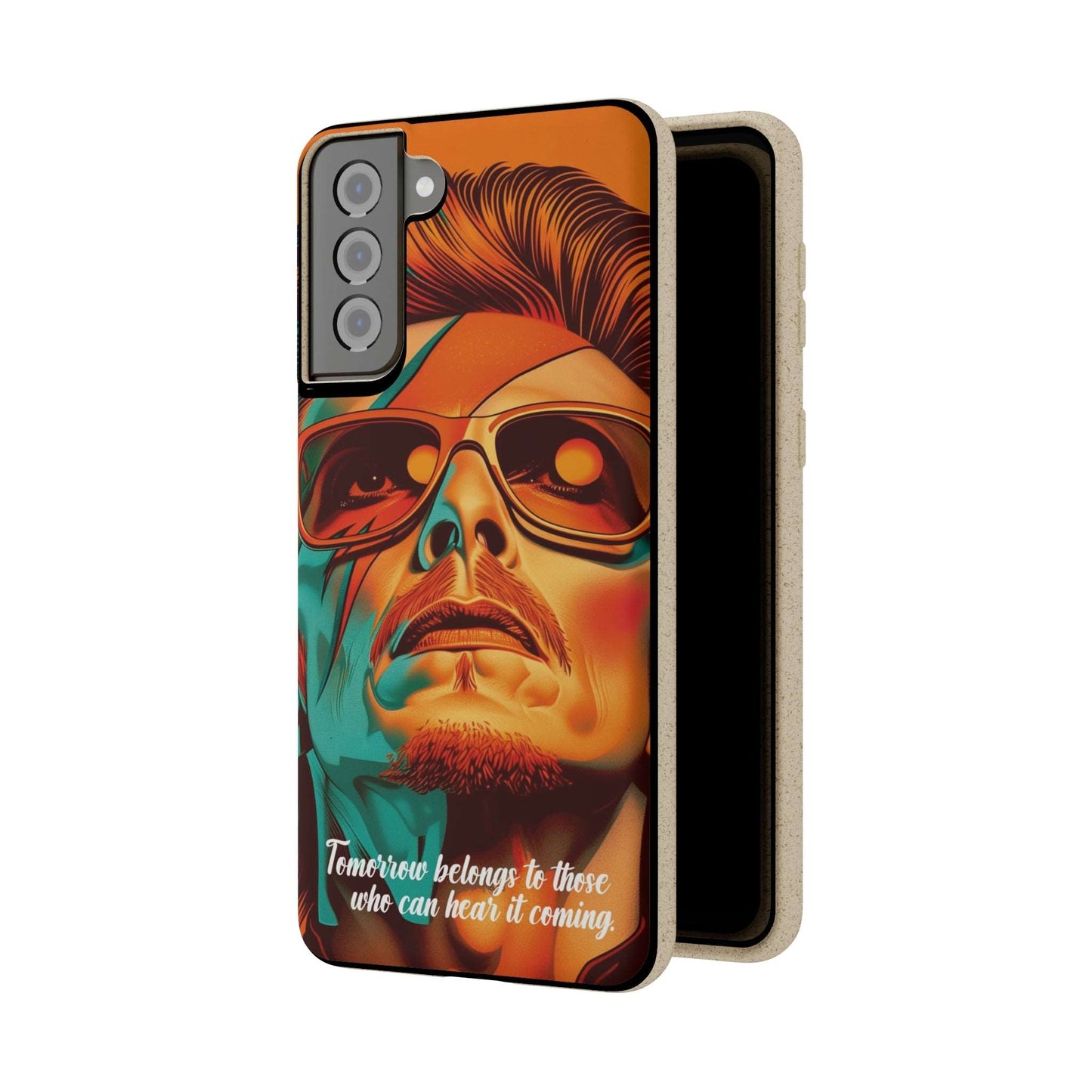 Colorful biodegradable phone case with David Bowie's quote "Tomorrow belongs to those who can hear it coming"