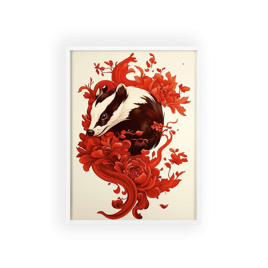 Framed poster of a stylized badger surrounded by red flowers