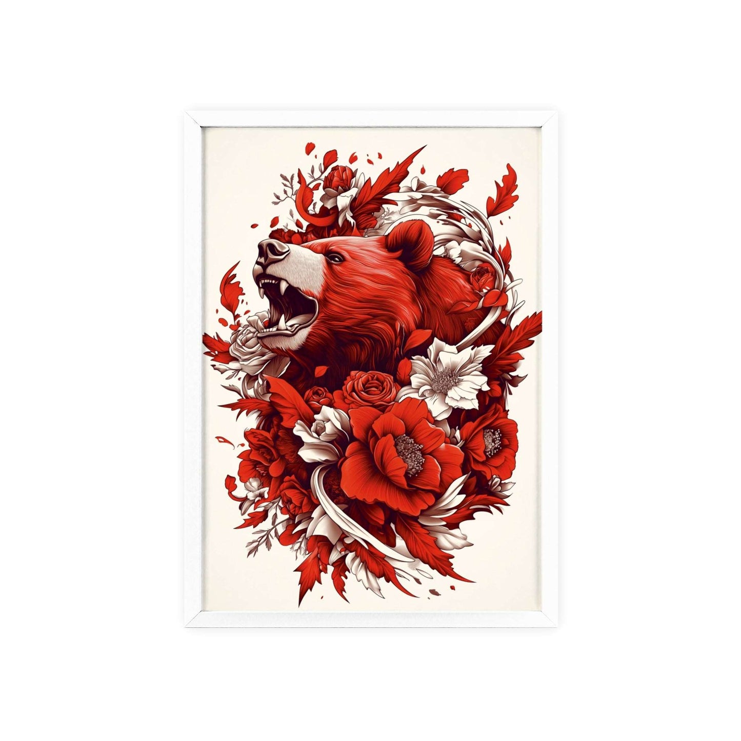 Framed poster of a stylized bear surrounded by red flowers