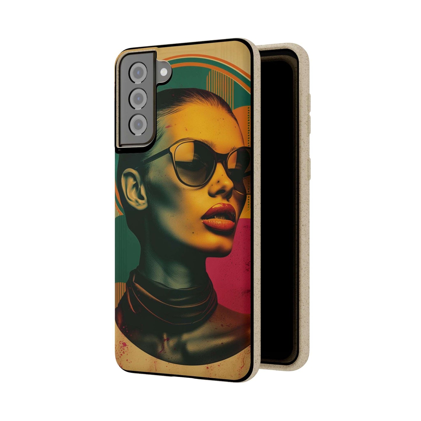 Rome-inspired biodegradable phone case with Mediterranean hues and a retro portrait, compatible with iPhone and Samsung models.