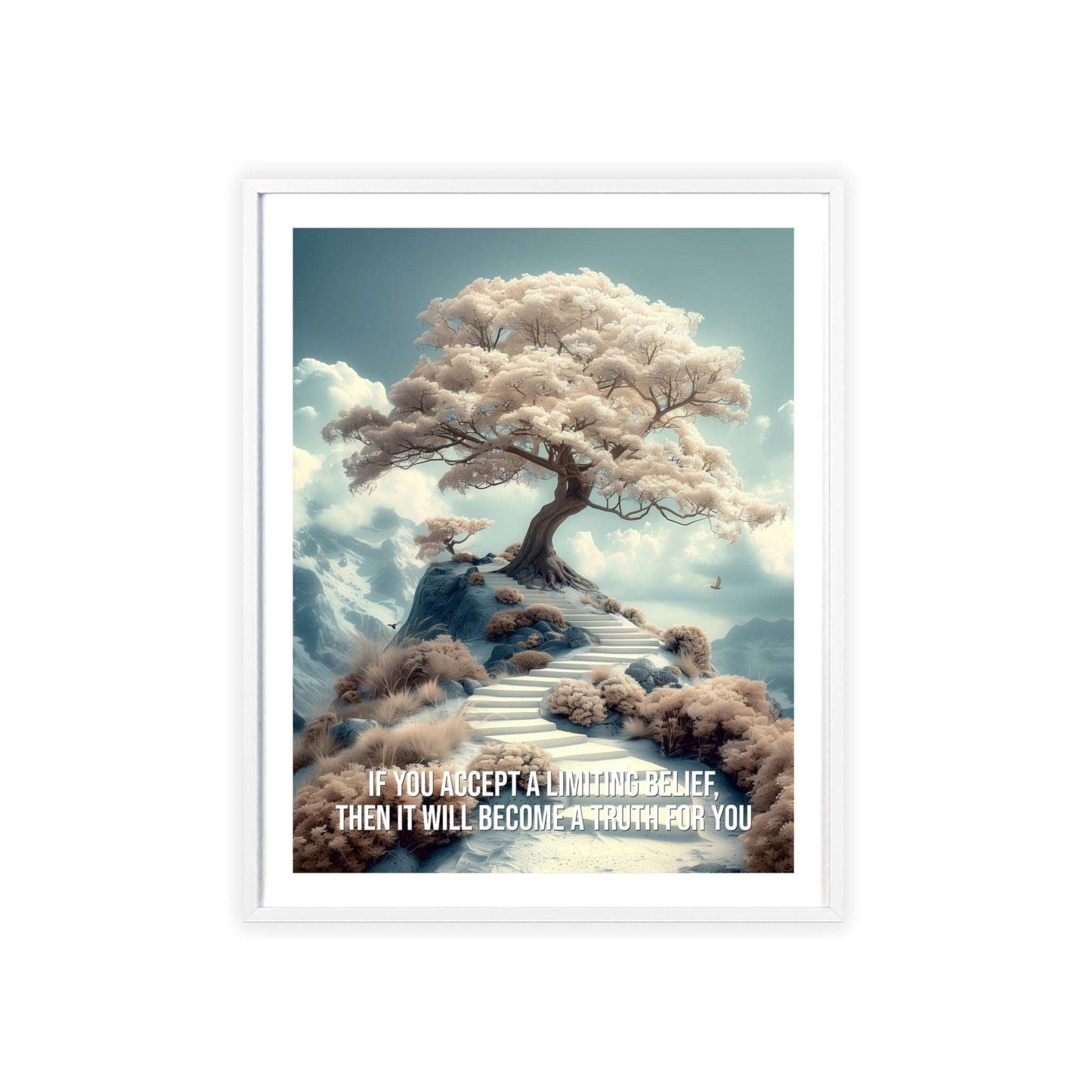 Surreal minimalist art print featuring a solitary tree on a hill, with Louise Hay quote "If you accept a limiting belief, then it will become a truth for you"