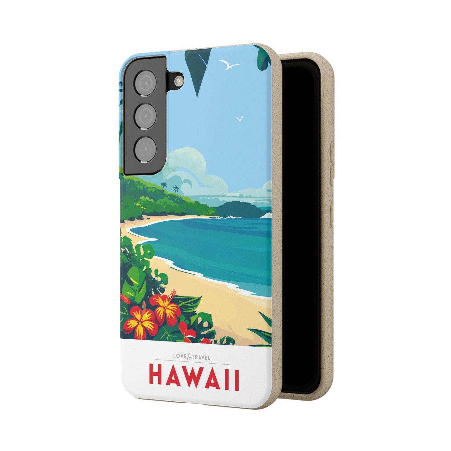 Vibrant biodegradable phone case featuring a colorful Hawaii-inspired travel poster design.