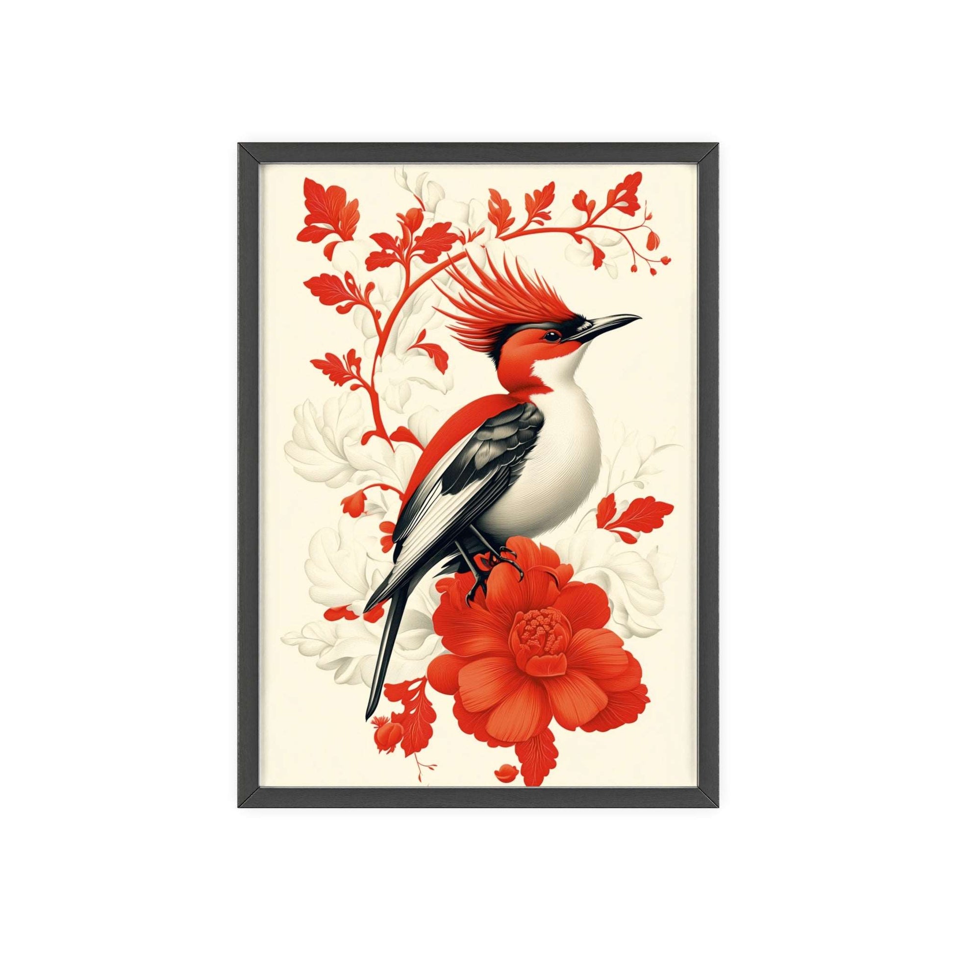 Framed poster featuring a stylized hoopoe surrounded by red flowers