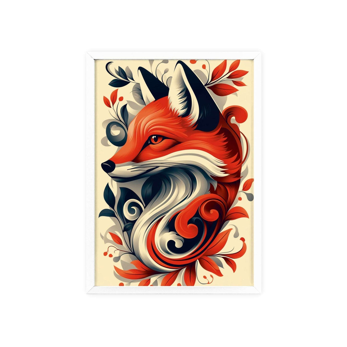 Framed poster of a stylized fox amidst vibrant red flowers