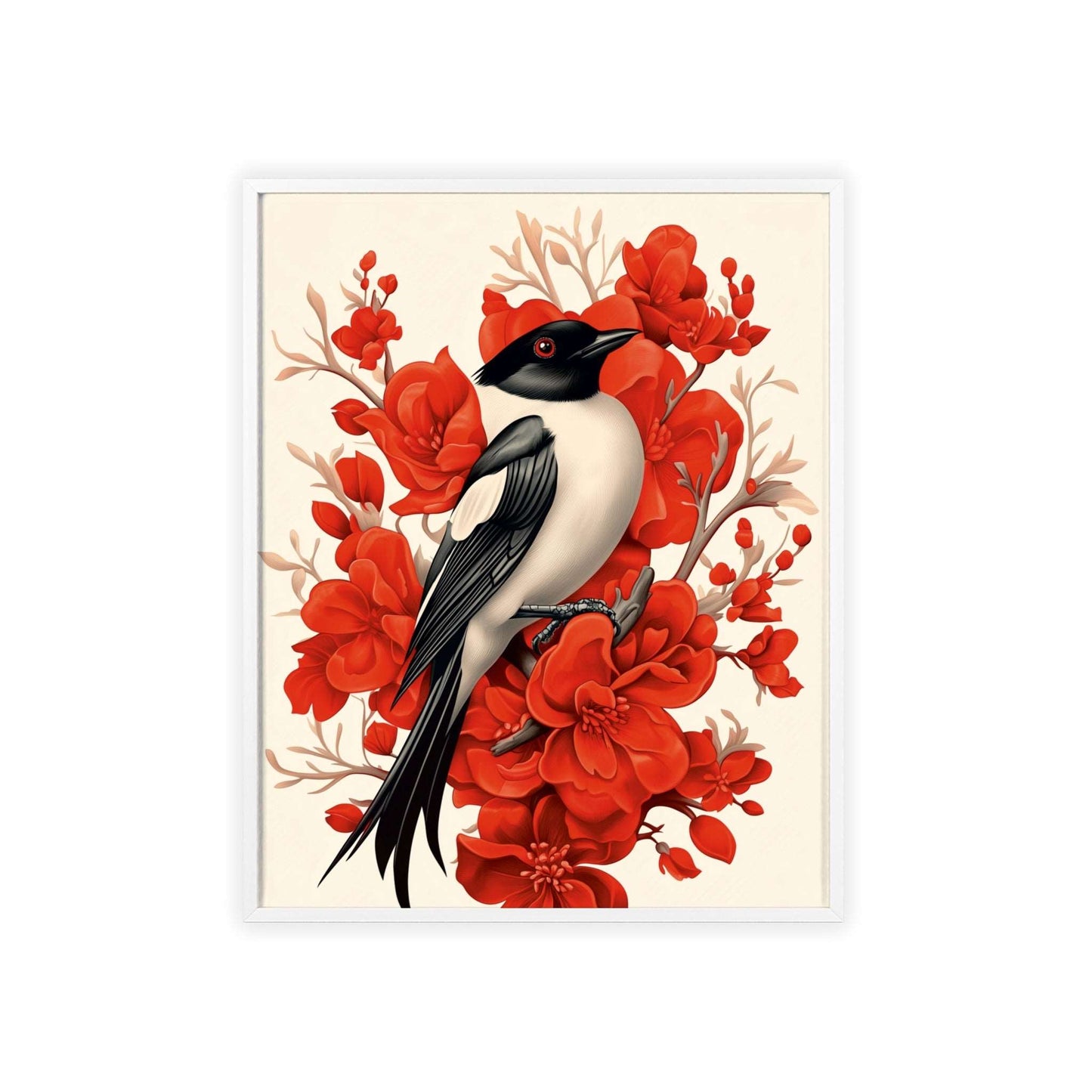 Framed poster featuring a stylized magpie surrounded by red flowers