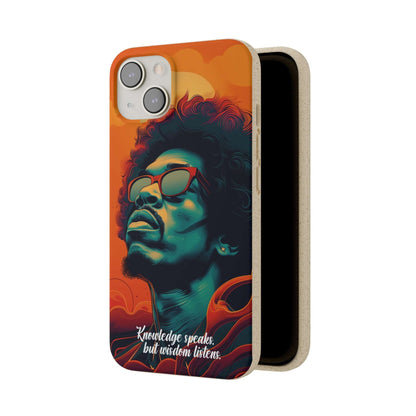 Stylish biodegradable phone case featuring Jimi Hendrix's quote "Knowledge speaks, but Wisdom listens" in an artistic design.