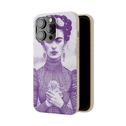 Stylish violet biodegradable phone case featuring an artistic portrait of Frida Kahlo.