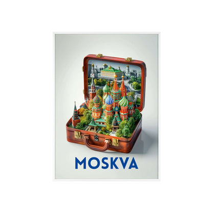 Elegant Moscow in a Suitcase travel poster featuring iconic landmarks, inspiring wanderlust and a love for timeless travel.