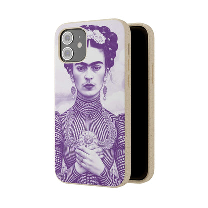 Stylish violet biodegradable phone case featuring an artistic portrait of Frida Kahlo.