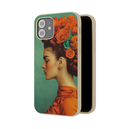 Vibrant orange biodegradable phone case featuring a stylized portrait of Frida Kahlo with aquamarine accents.