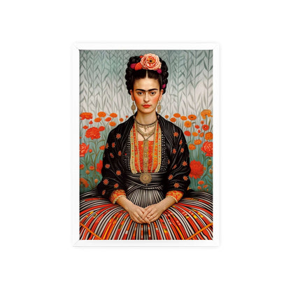 Minimalist poster featuring Frida Kahlo sitting in a field of flowers.  The poster is black and white, with a focus on Frida's powerful gaze and unibrow.  The poster is framed.