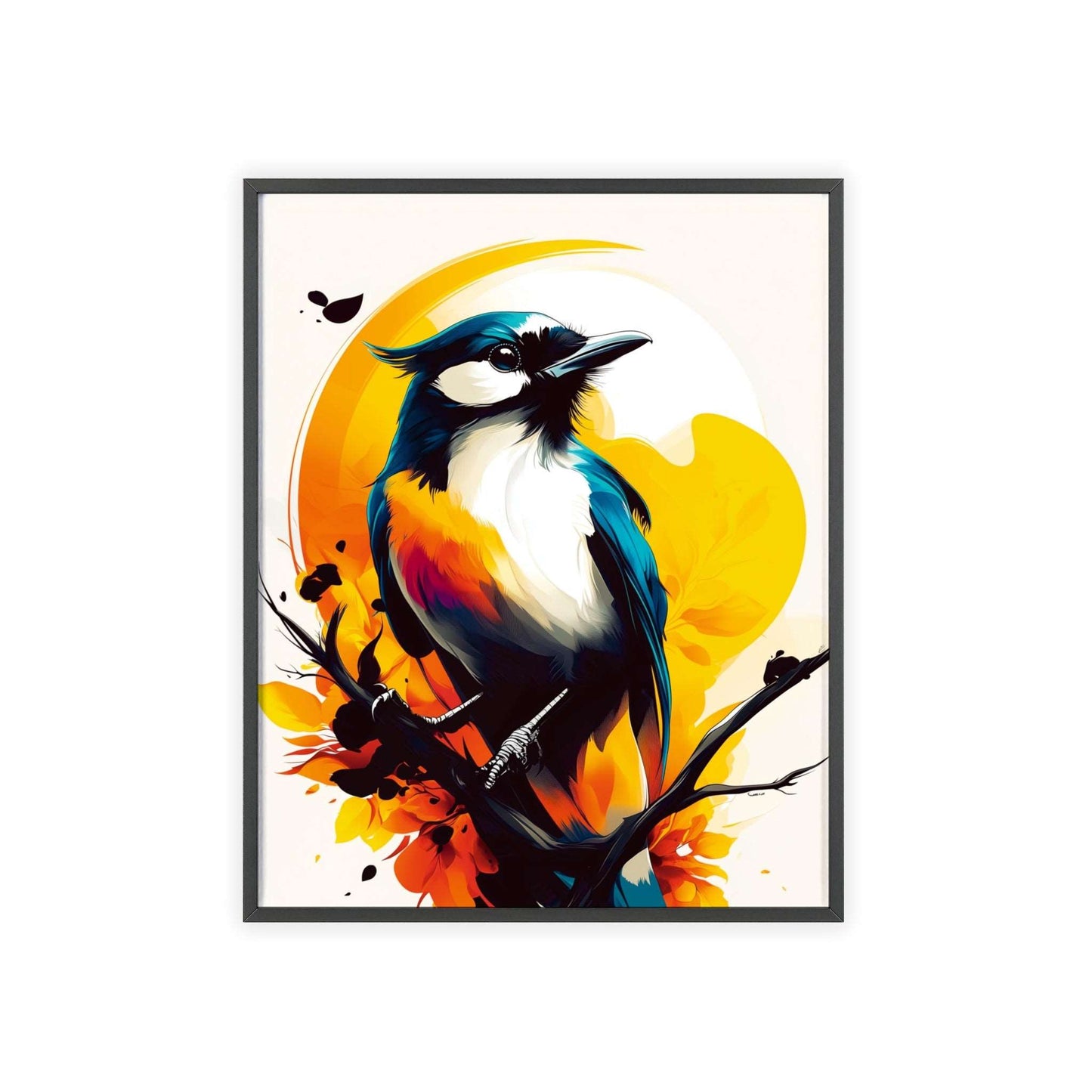 Stylized digital pop art poster of a jay with dynamic geometric shapes in vibrant yellow, orange, blue, and black colors