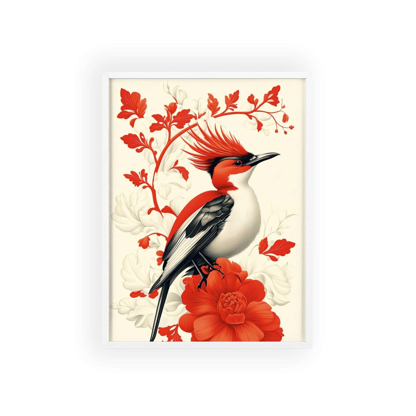 Framed poster featuring a stylized hoopoe surrounded by red flowers