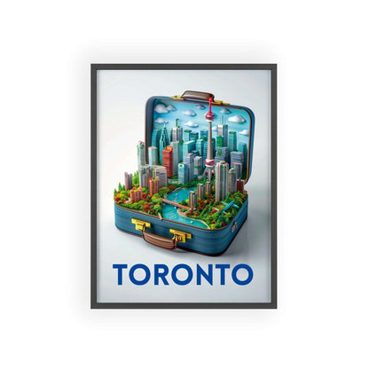 Travel poster titled "Toronto in a Suitcase" featuring a stylized illustration capturing the essence of Toronto. The poster is designed for modern home decor.