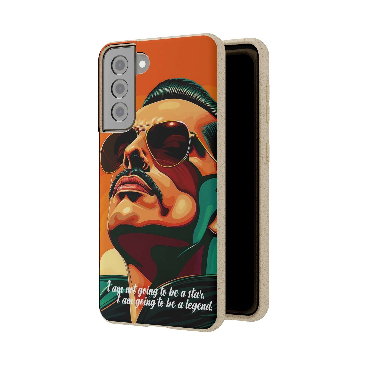 Biodegradable phone case with Freddie Mercury portrait and quote "I'm not going to be a star, I'm going to be a legend".