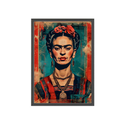 Framed poster featuring a portrait of Frida Kahlo in the style of Shepard Fairey. Frida has red lips, black eyeliner, and wears vibrant traditional Mexican clothing. The background has a distressed vintage texture