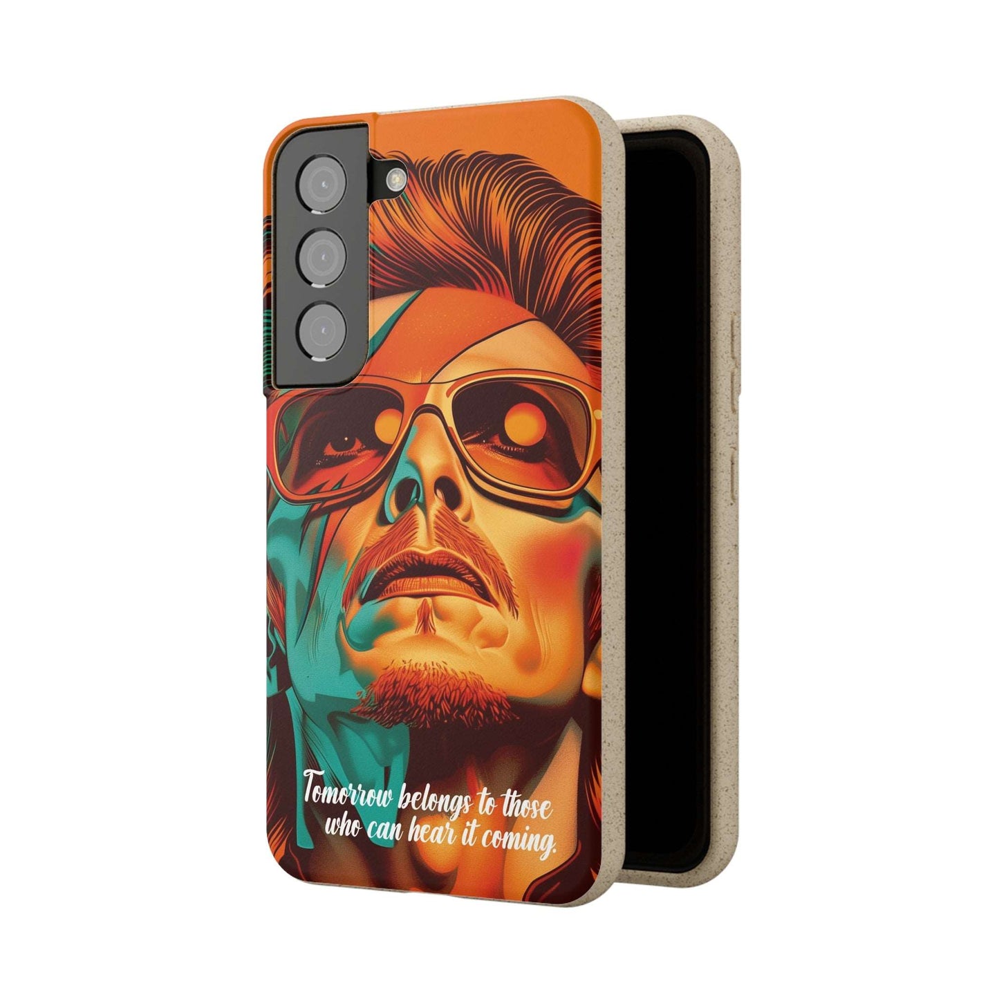 Colorful biodegradable phone case with David Bowie's quote "Tomorrow belongs to those who can hear it coming"