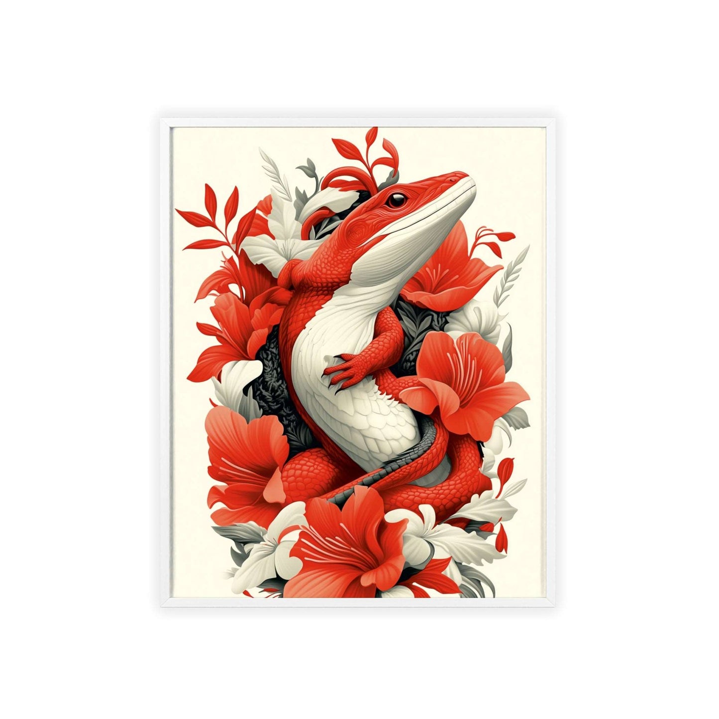 Framed poster of a stylized lizard surrounded by red flowers