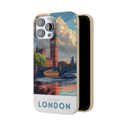 Stylish biodegradable phone case featuring a minimalist London-themed travel poster design.