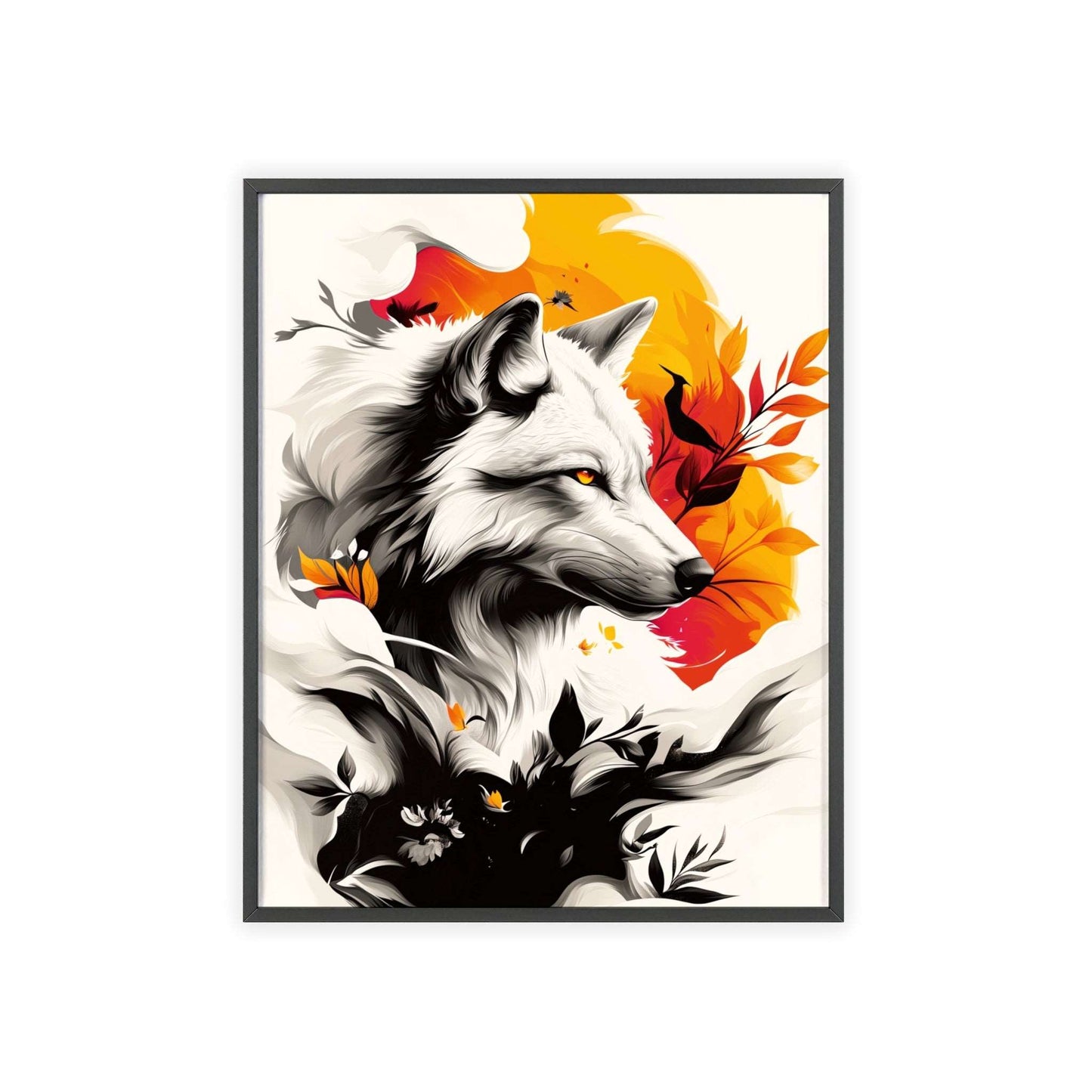 Contemporary digital pop art poster of a stylized wolf with dynamic geometric shapes in vibrant yellow, orange and black colors