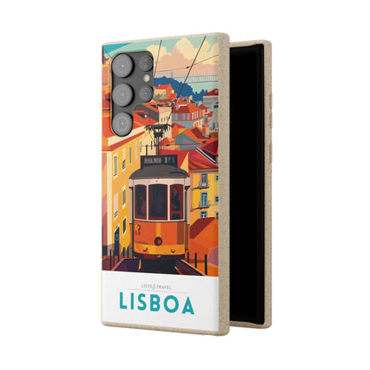 Colorful biodegradable phone case featuring a stylized travel poster design of Lisbon, Portugal.