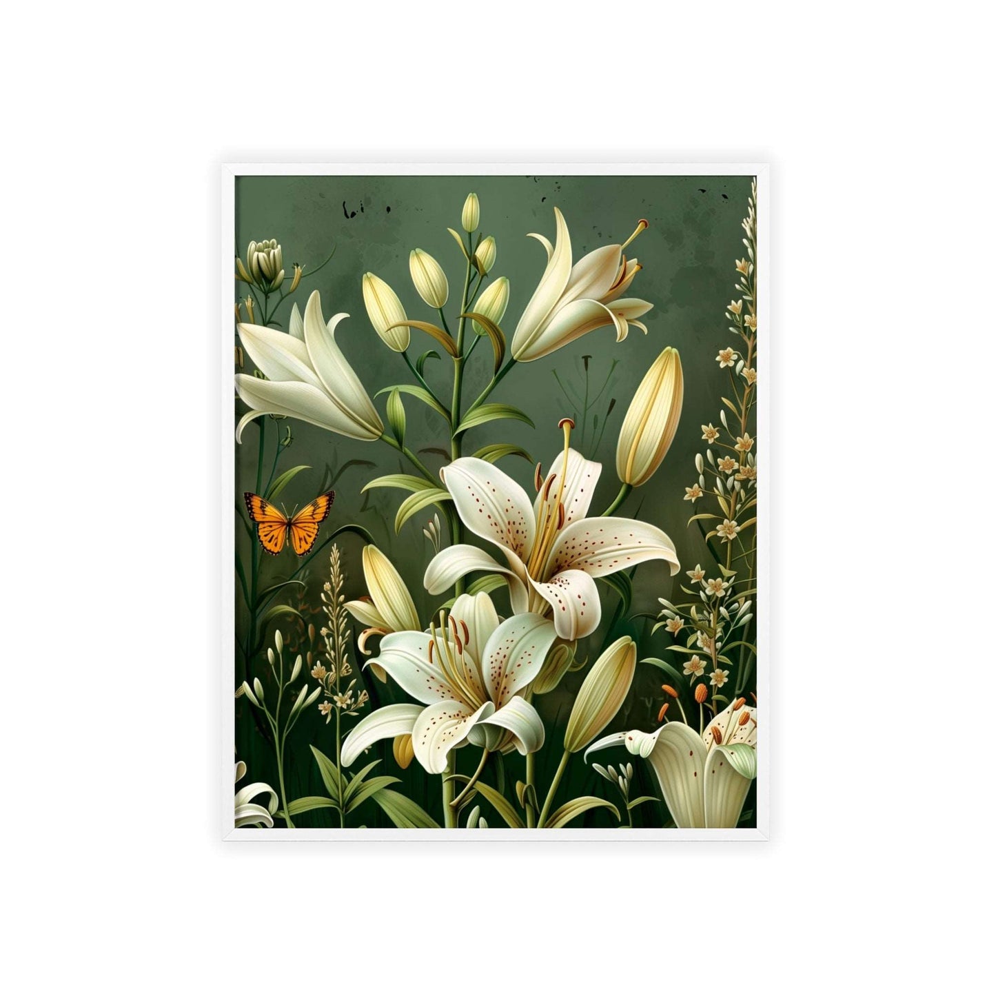 Vintage-style framed poster featuring graceful lily blooms in soft, elegant hues